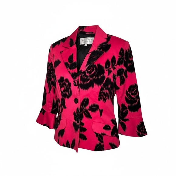 Trina Turk Pink Black Floral Blazer Womens 6 Bell Sleeve Button Career Cocktails - Picture 1 of 12